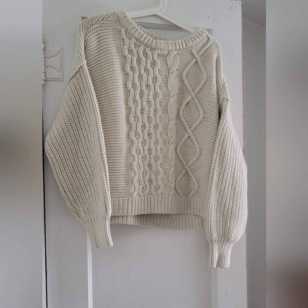 Free People Cream Cable Sweater with Textured Panels